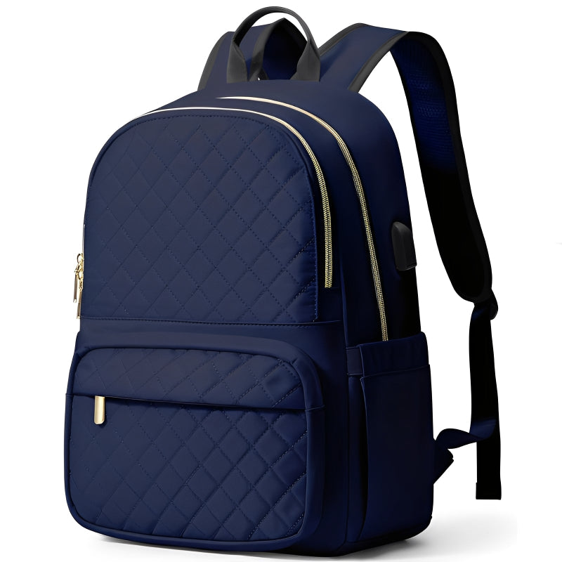 Navy blue backpack with quilted pattern on a white background