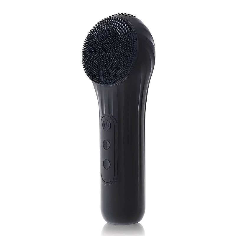 Black handheld facial brush with bristle head on a white background