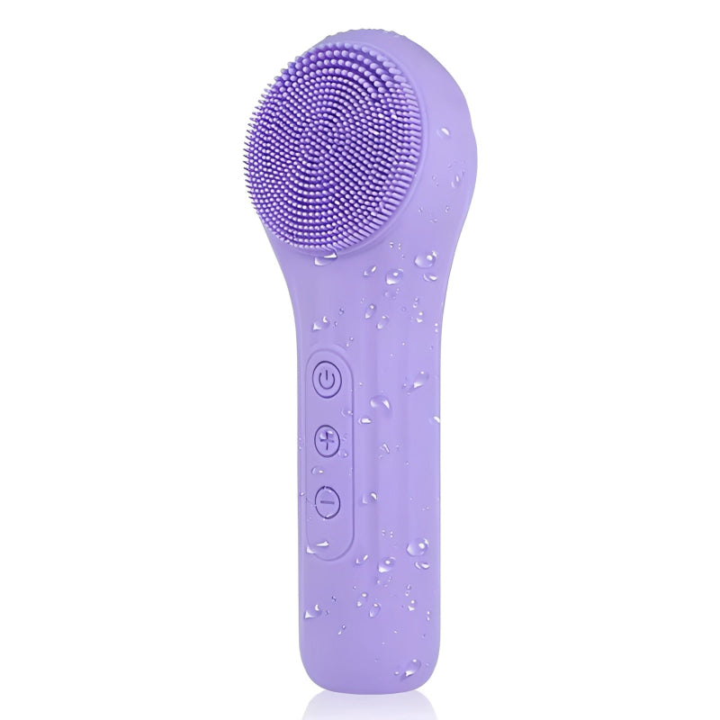 Purple handheld facial brush with bristle head on a white background