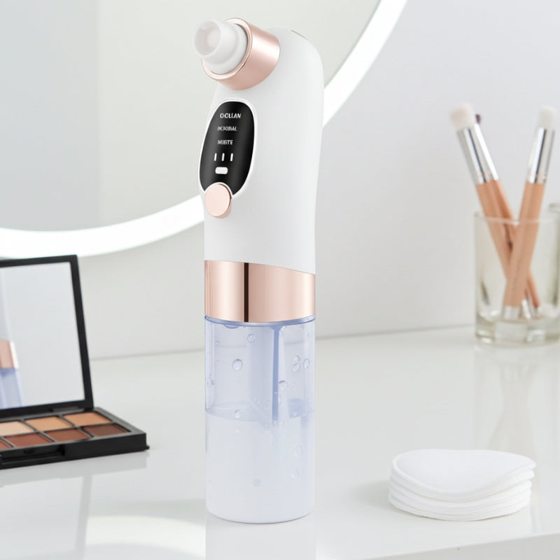 White and rose gold skincare device on a desk with makeup items in the background