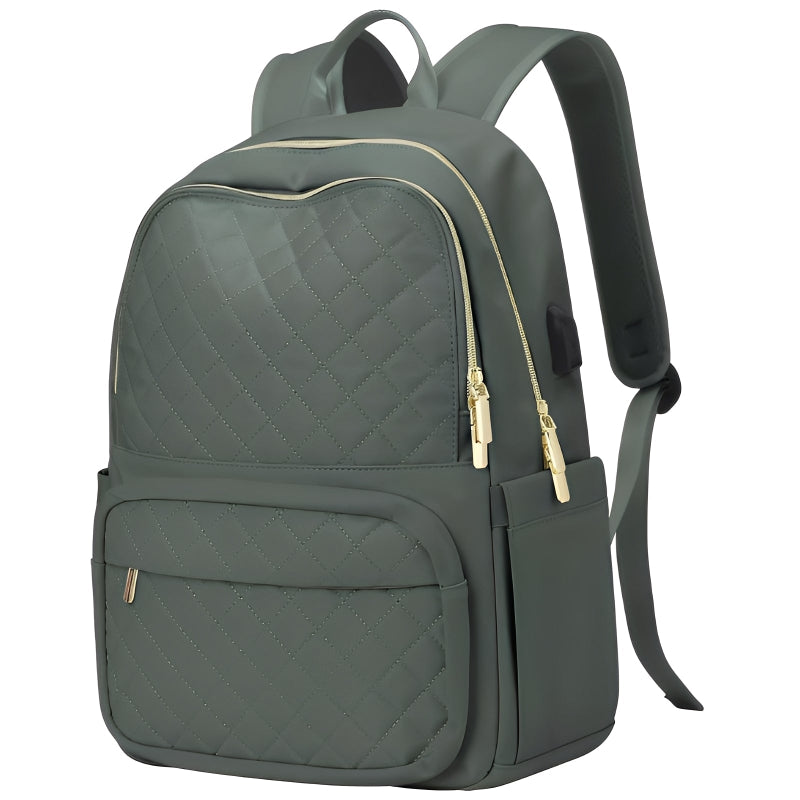 Green backpack with quilted pattern on a white background