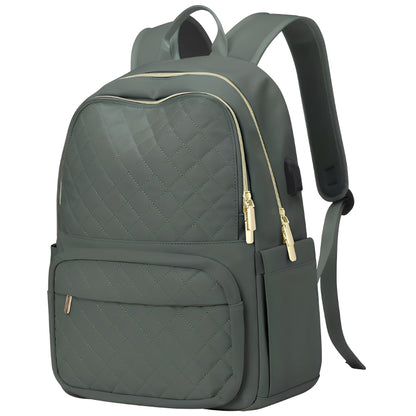 Green backpack with quilted pattern on a white background