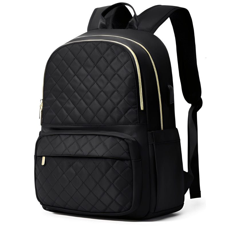 Black quilted backpack on a white background