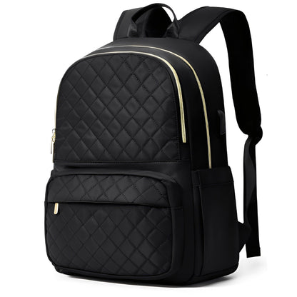 Black quilted backpack on a white background