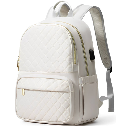 White quilted backpack with gold zippers on a white background