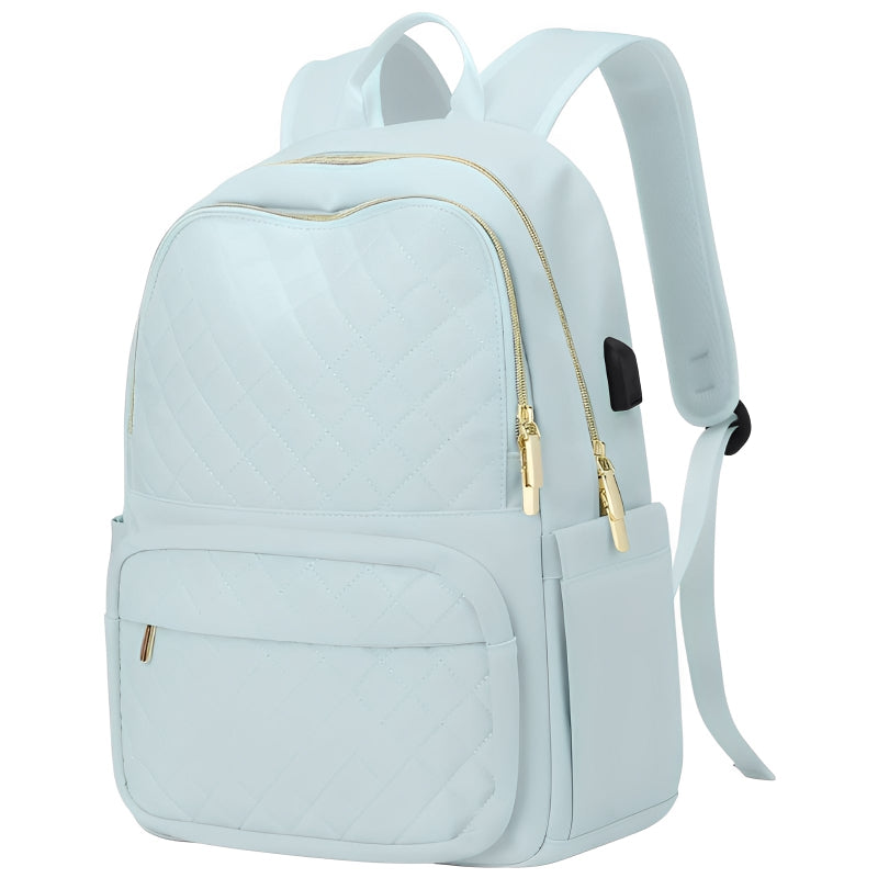 Light blue backpack with gold zippers on a white background