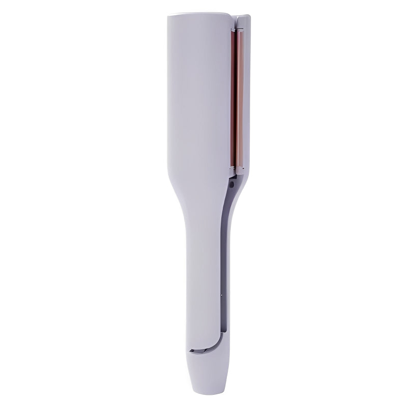 Purple Hair curler with white handle and rose gold metal finish on a white background