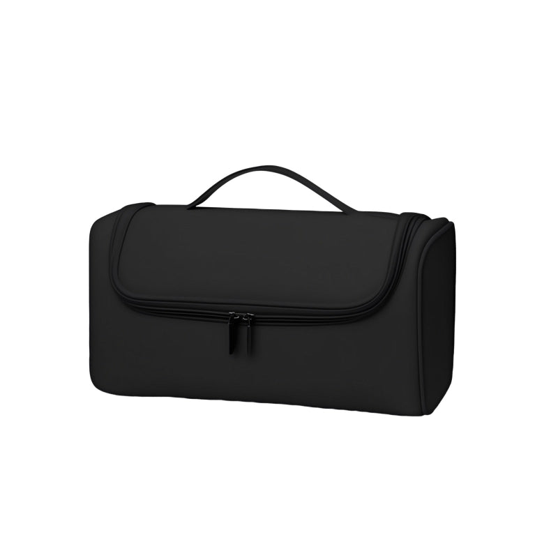 Black toiletry bag on a white background
