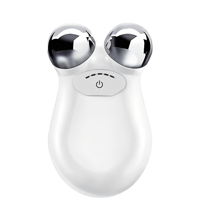 White handheld facial device with two silver spherical ends on a white background