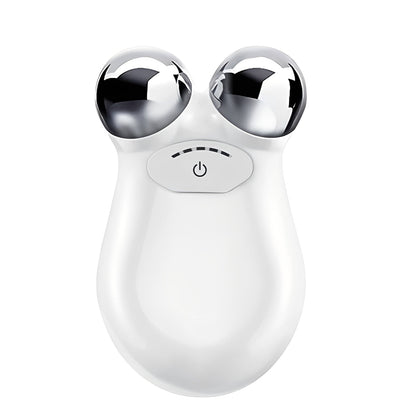 White handheld facial device with two silver spherical ends on a white background