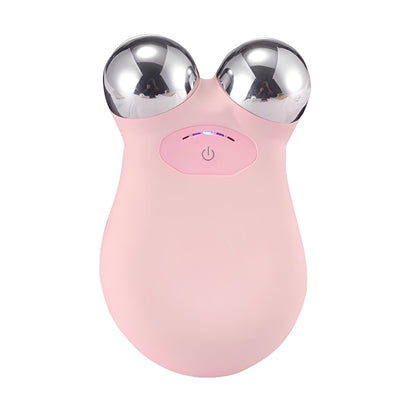 Pink handheld device with silver knobs on a white background