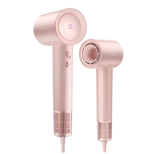 Rose gold hair dryer with nozzle attachment on a white background