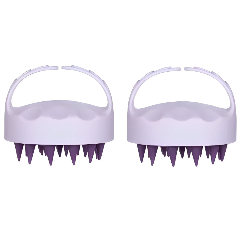Two purple scalp massagers with white handles on a white background