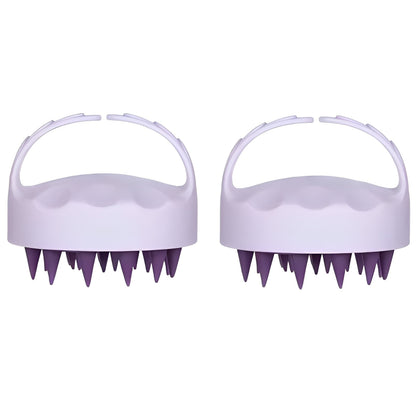 Two purple scalp massagers with white handles on a white background