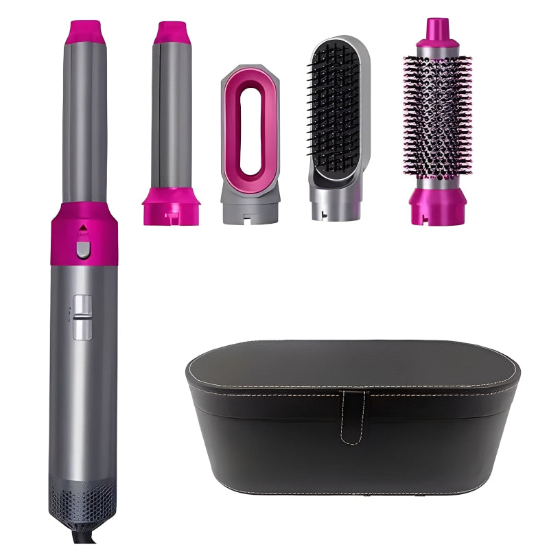 Set of hair styling tools with interchangeable attachments on a white background