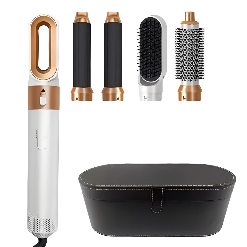 Hair styling tool with interchangeable attachments and a carrying case on a white background