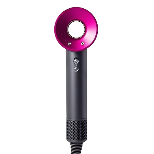 Hair dryer with pink nozzle on a white background