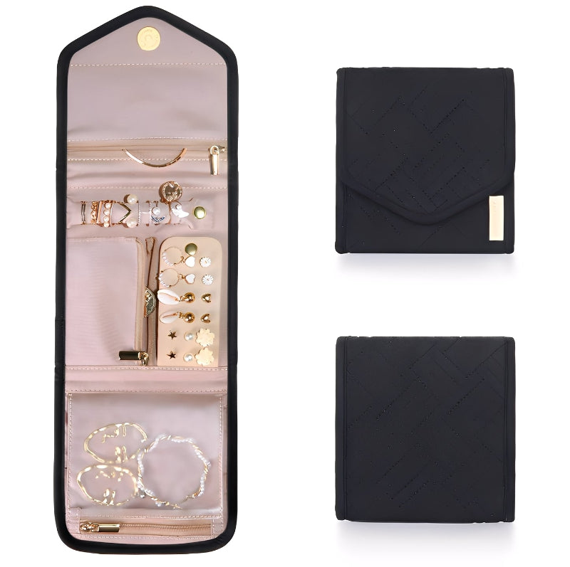 Black jewelry case with jewelry inside, shown open and closed on a white background