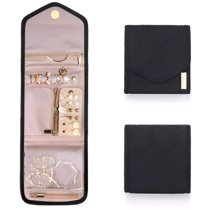 Black jewelry case with jewelry inside, shown open and closed on a white background