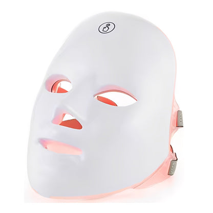 White LED face mask with red lights on a white background