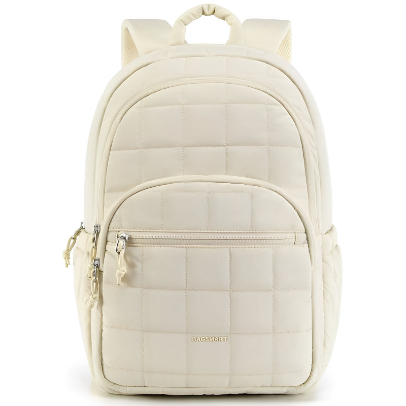 Beige backpack with quilted design on a white background