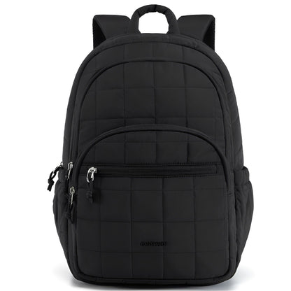 Black quilted backpack on a white background