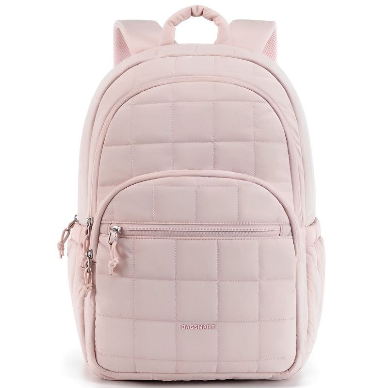 Pink backpack with quilted design on a white background