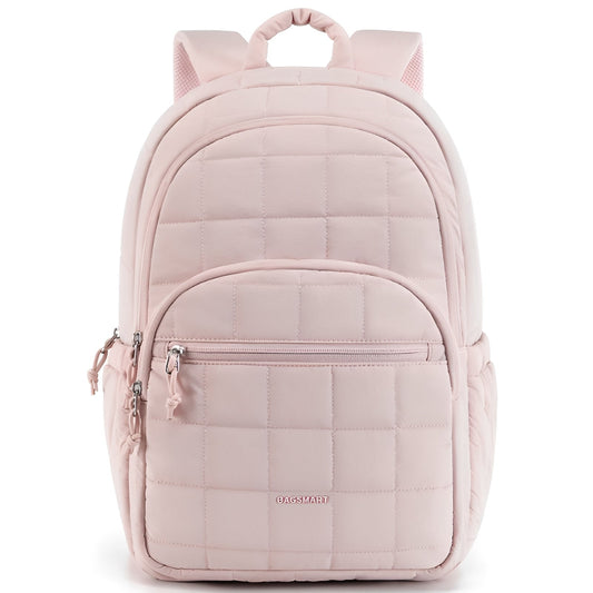 Pink backpack with quilted design on a white background