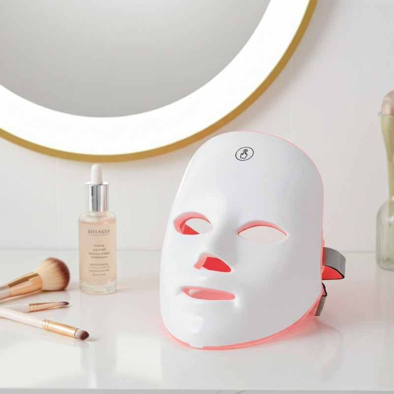 LED face mask on a white surface with cosmetic items and a mirror in the background