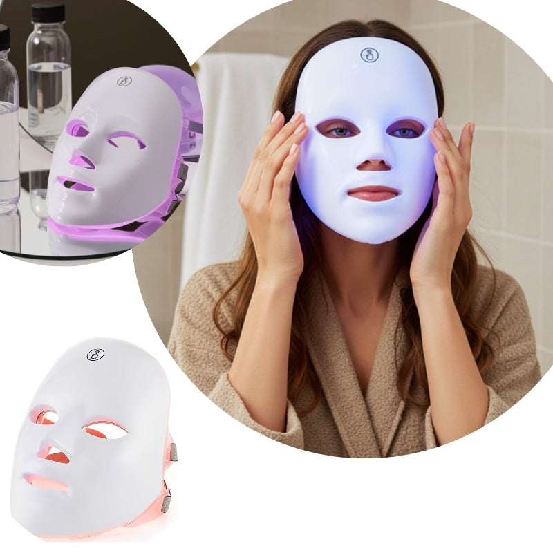 Woman wearing a LED face mask with additional masks and bottles in the background