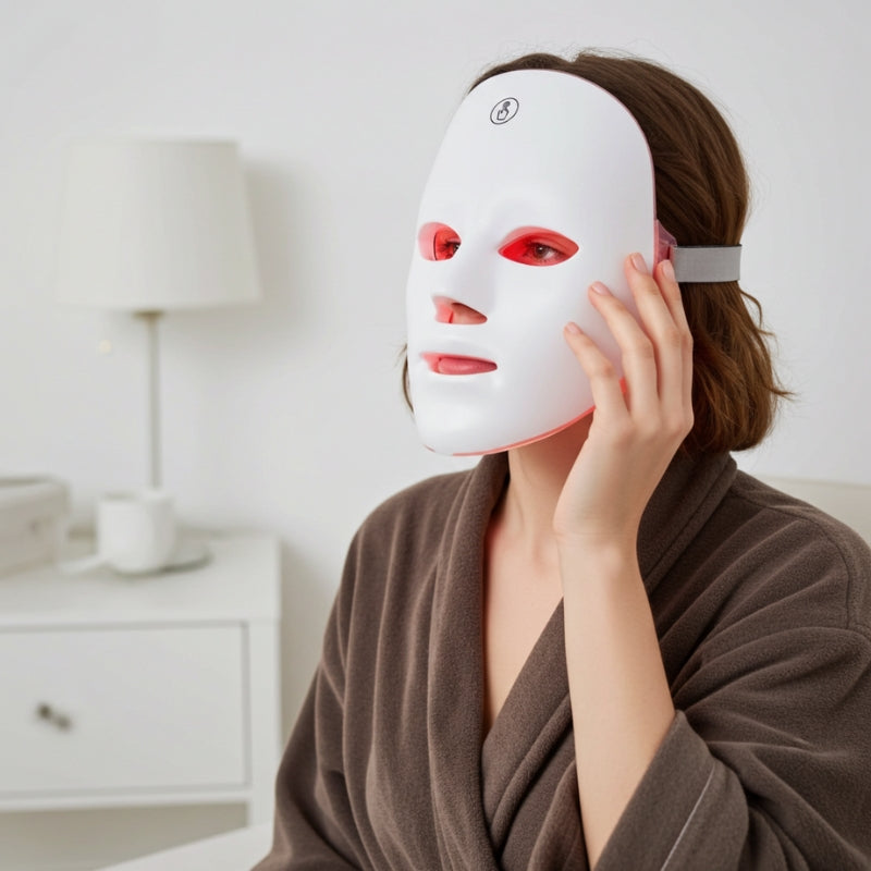Person wearing a white LED face mask in a home setting