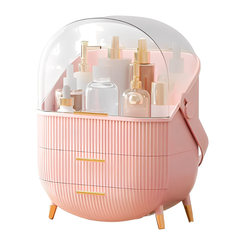Pink cosmetic organizer with skincare products on a white background