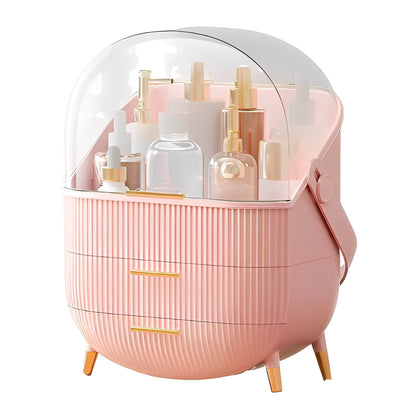 Pink cosmetic organizer with skincare products on a white background