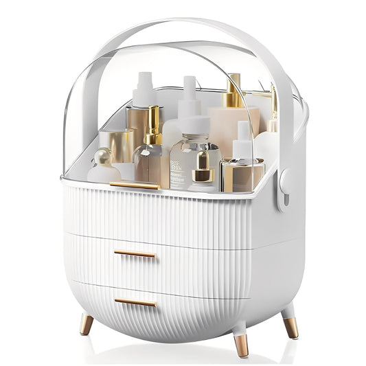 White cosmetic organizer with skincare products on a white background