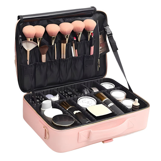 Makeup brush set in a pink and black case on a white background