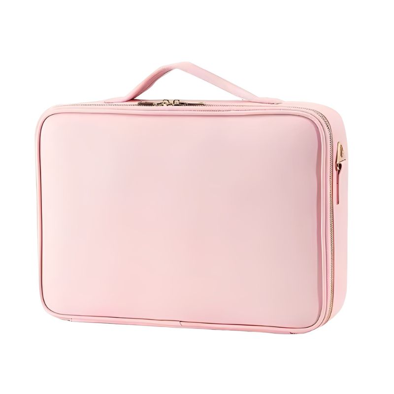 Pink travel case with a handle on a white background
