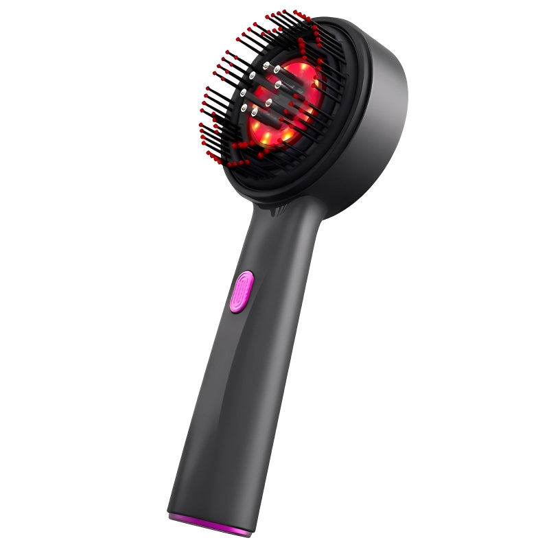 Black red light hair growth device with red LED lights on a white background