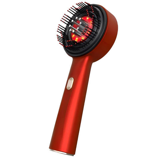 Red light hair growth device with a black comb attachment on a white background