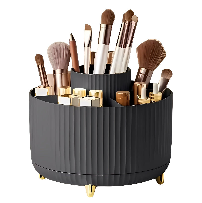 Black cosmetic organizer with makeup brushes and products on a white background