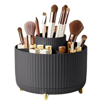 Black cosmetic organizer with makeup brushes and products on a white background