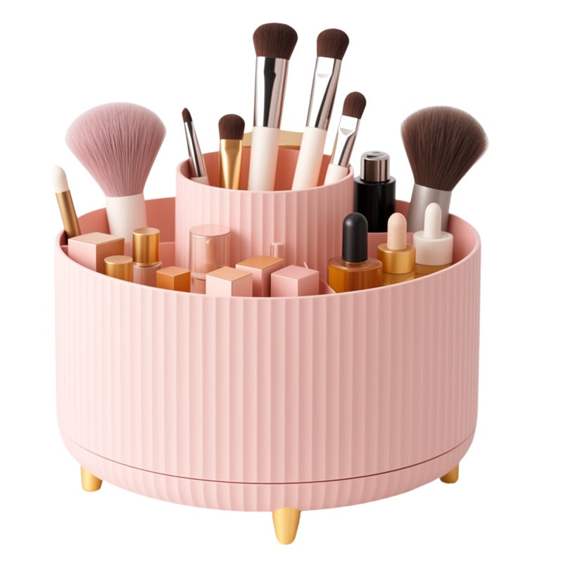 Pink makeup organizer with brushes and products on a white background