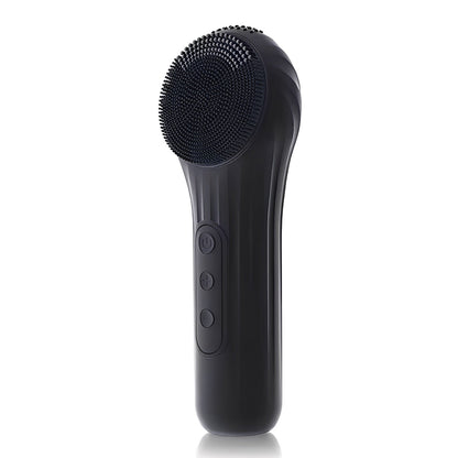 Black handheld facial brush with bristle head on a white background