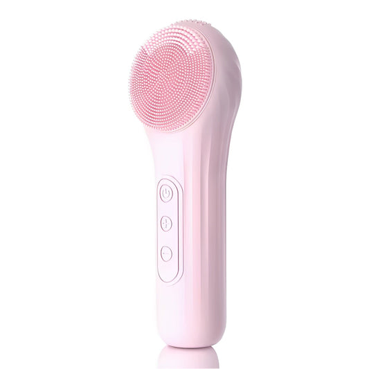 Pink facial cleansing brush with bristle head on a white background