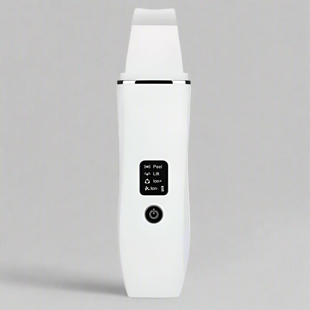 White ultrasonic skin scrubber dvice with control panel on a white background