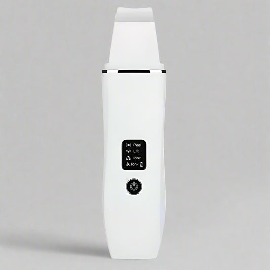 White ultrasonic skin scrubber dvice with control panel on a white background