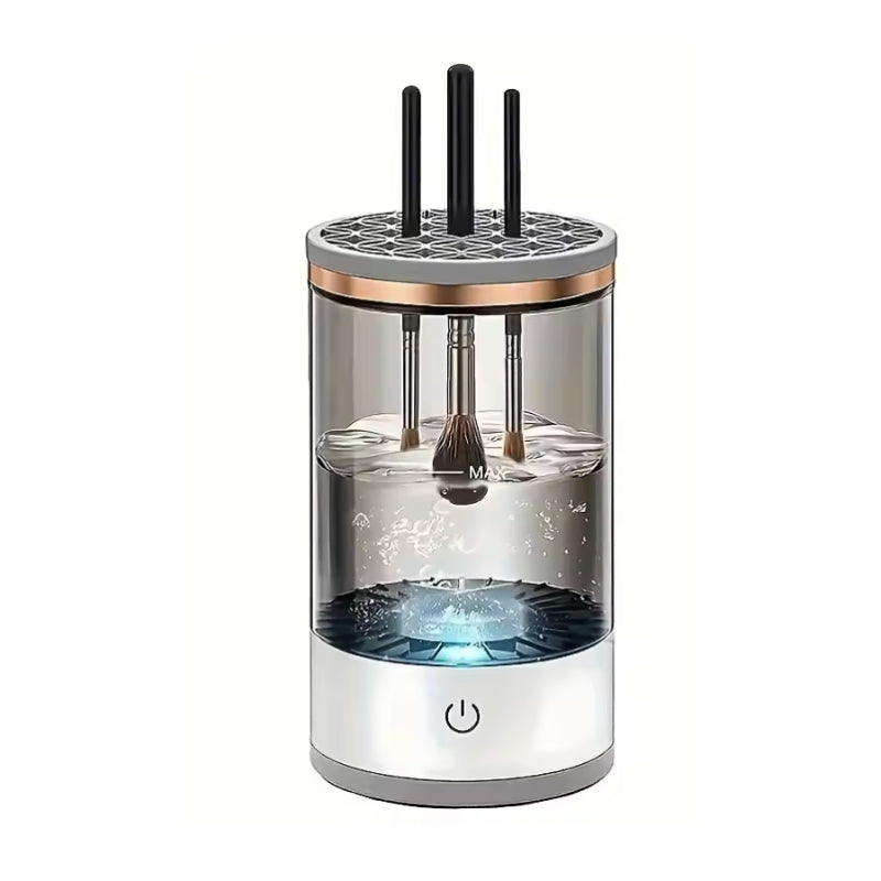 Brush cleaning device with water and brushes on a white background