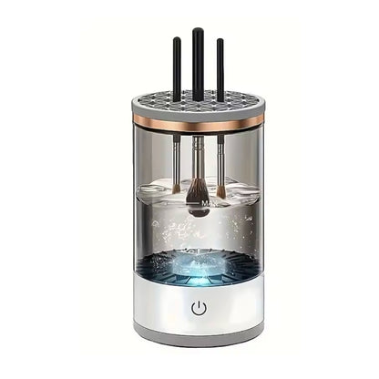 Brush cleaning device with water and brushes on a white background